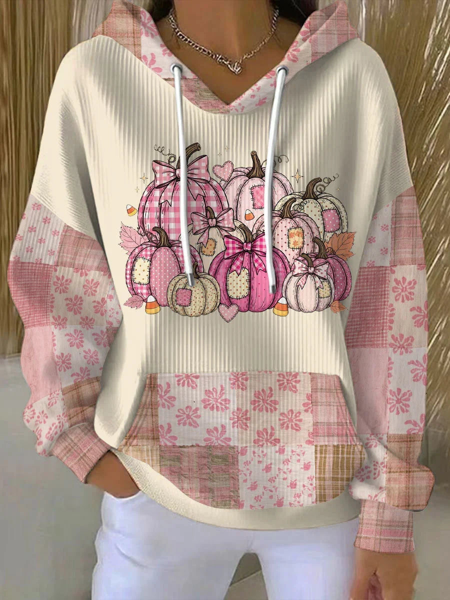 Women's fall patchwork pumpkin hoodie with drawstring V-neck – Beige