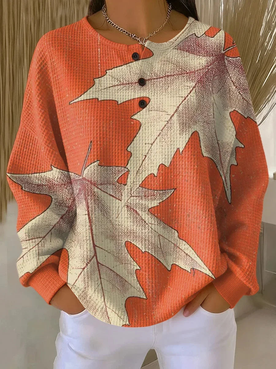 Women's fall waffle-knit leaf-print henley blouse with long sleeves – Peach