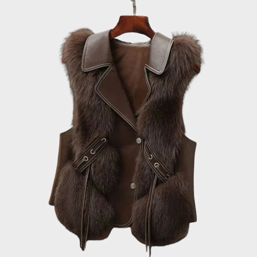 Women's faux fur and leather vest with lapel collar and button front