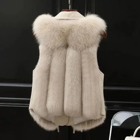 Women's faux fur and leather vest with lapel collar and button front