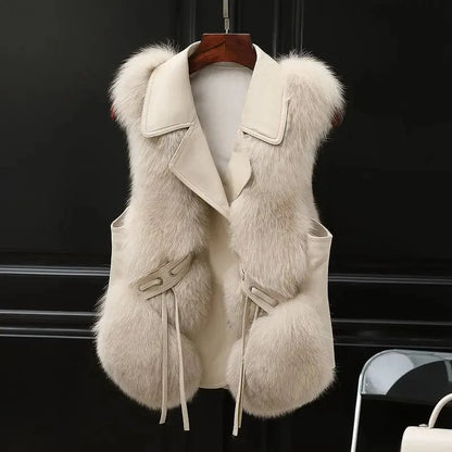 Women's faux fur and leather vest with lapel collar and button front – Beige
