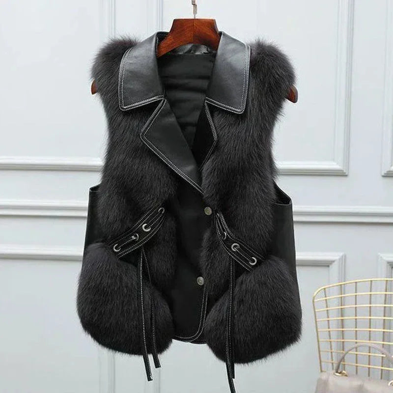 Women's faux fur and leather vest with lapel collar and button front – Black
