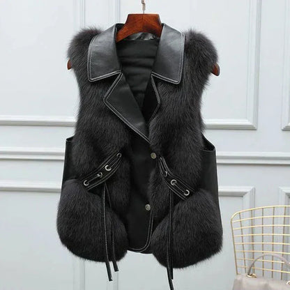 Women's faux fur and leather vest with lapel collar and button front – Black