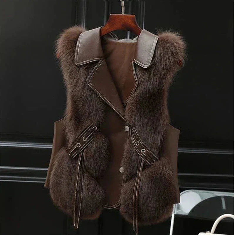 Women's faux fur and leather vest with lapel collar and button front – Brown