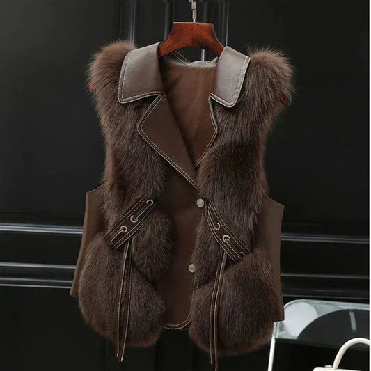 Women's faux fur and leather vest with lapel collar and button front – Brown