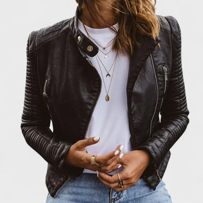 Women's faux-leather jacket with moto zipper and quilted shoulders – Black
