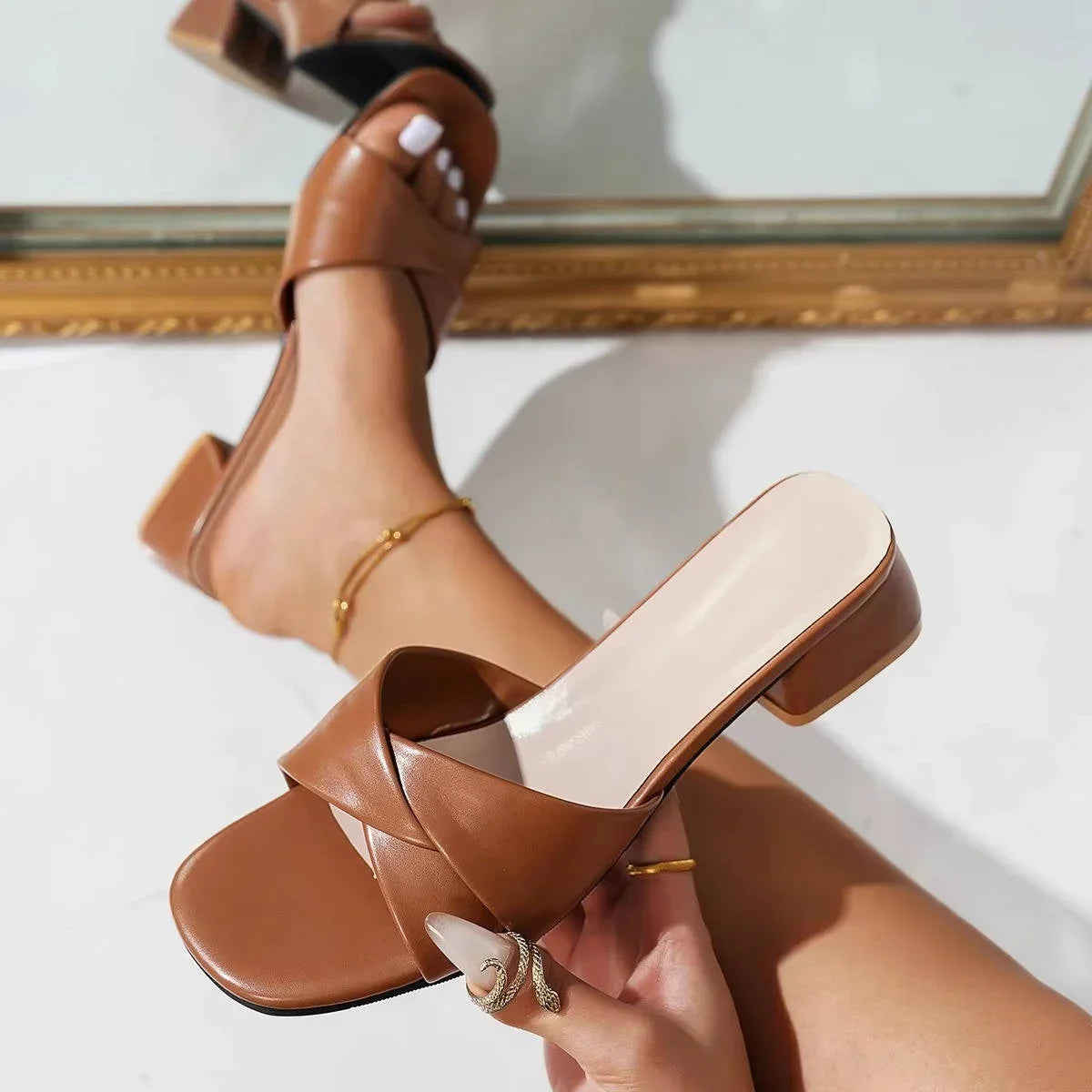 Women's faux leather block-heel slide sandals with crossover strap and open toe