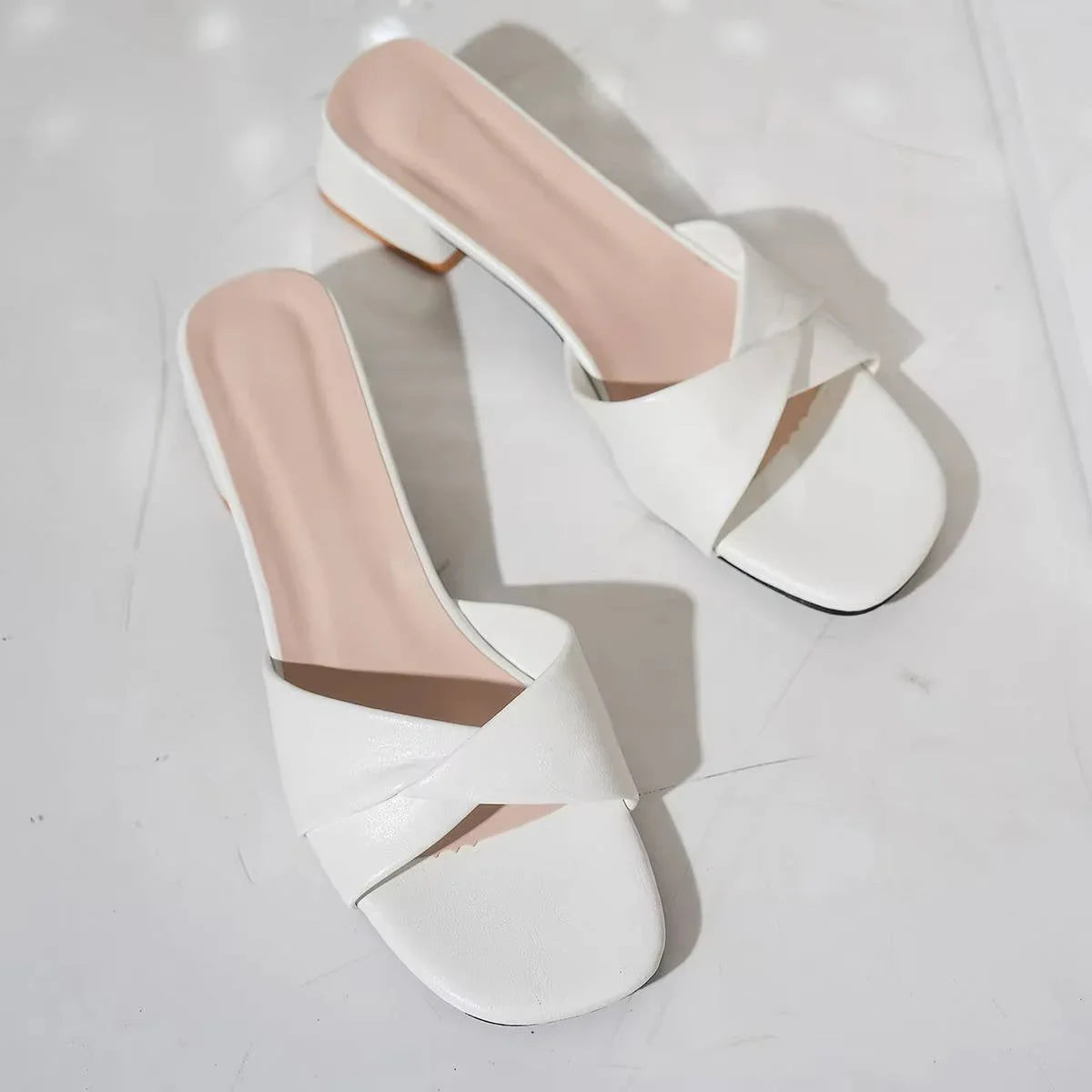 Women's faux leather block-heel slide sandals with crossover strap and open toe