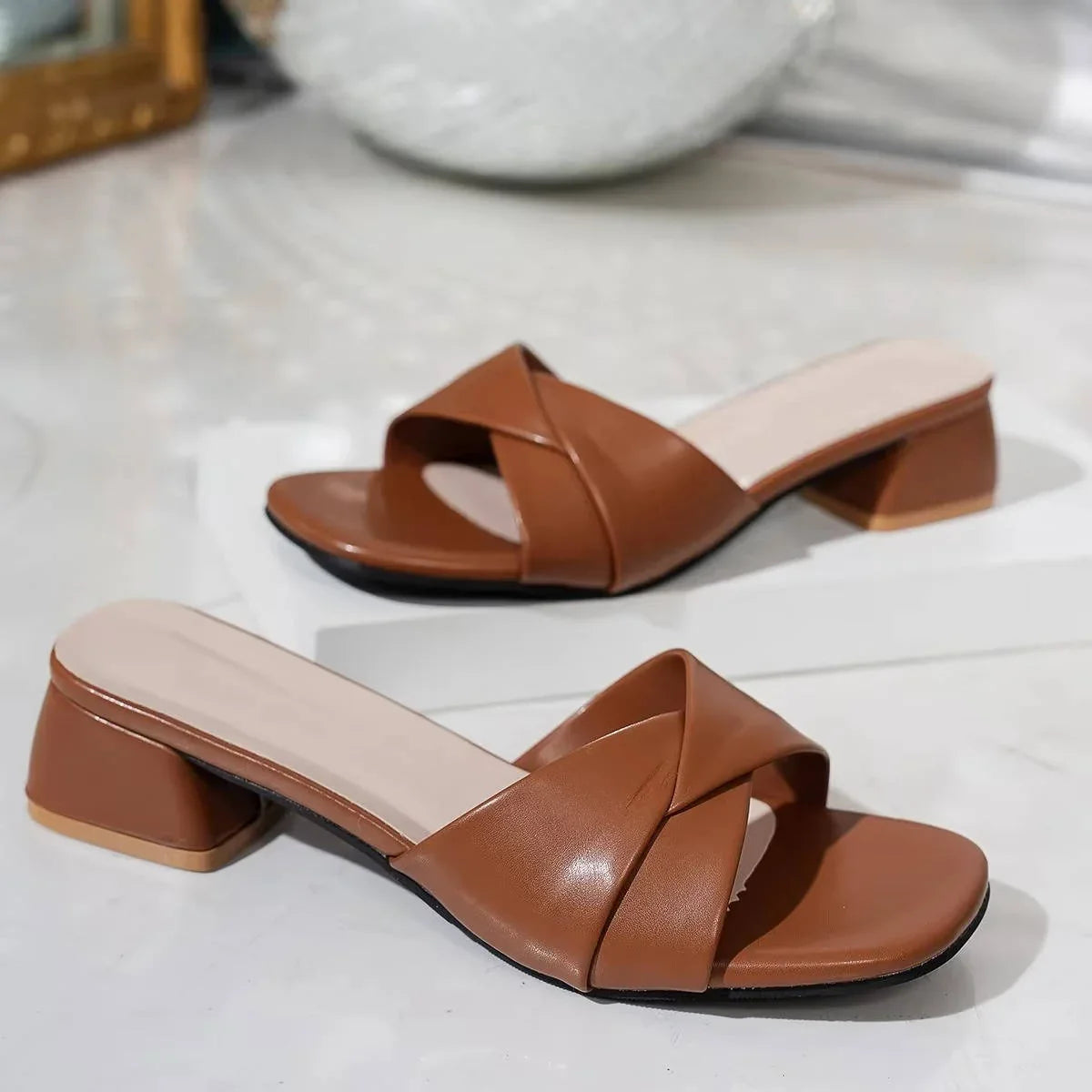 Women's faux leather block-heel slide sandals with crossover strap and open toe