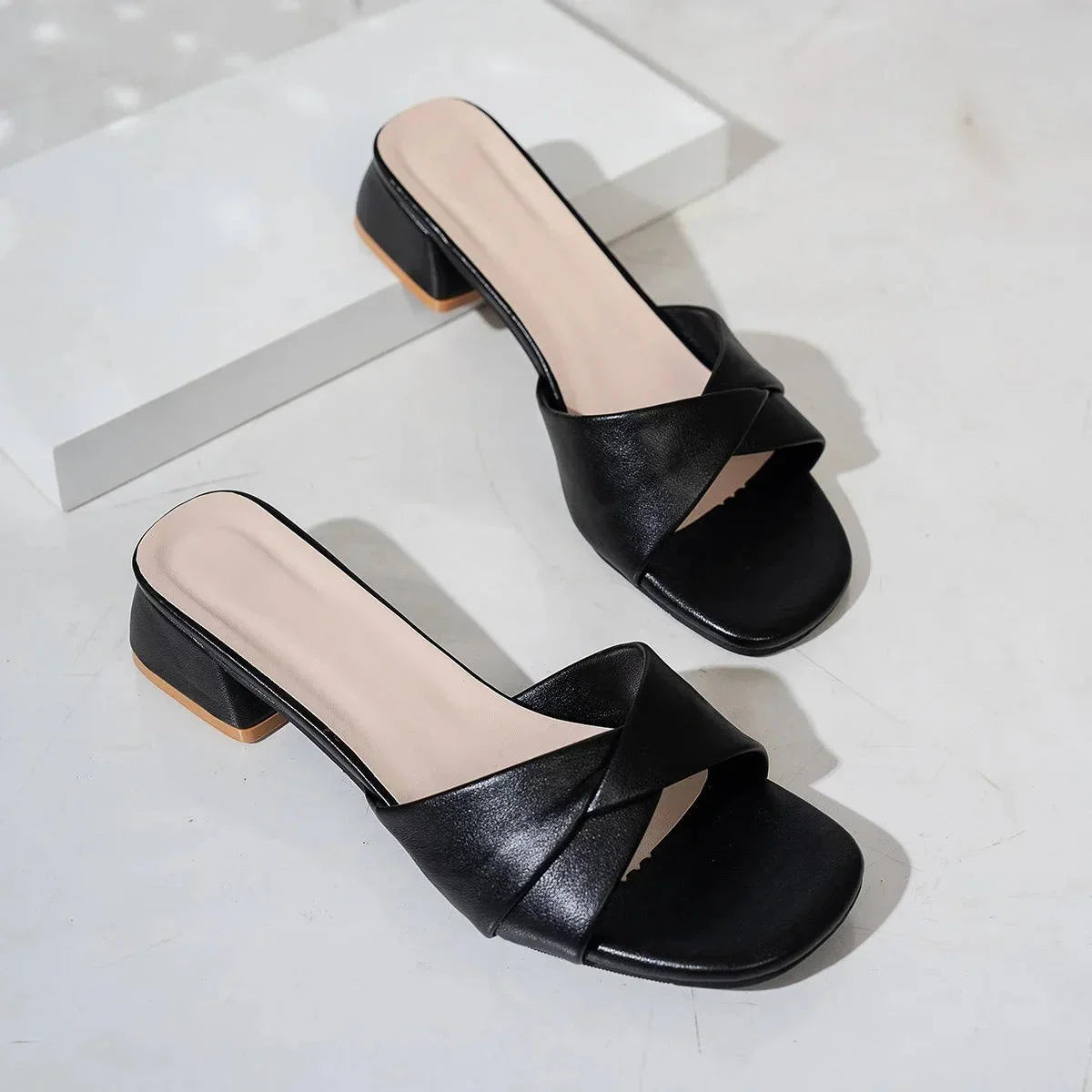 Women's faux leather block-heel slide sandals with crossover strap and open toe