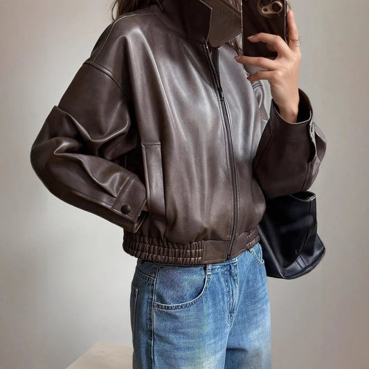 Women's faux leather bomber jacket zip-up long sleeve – Dark Brown