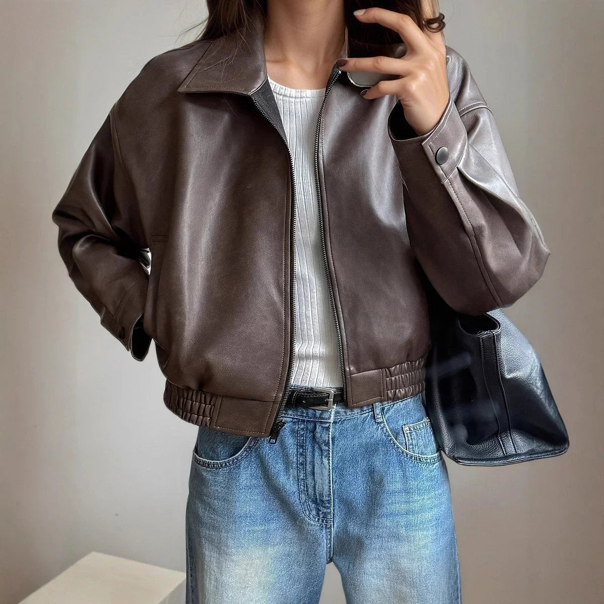 Women's faux leather bomber jacket zip-up long sleeve – Dark Brown