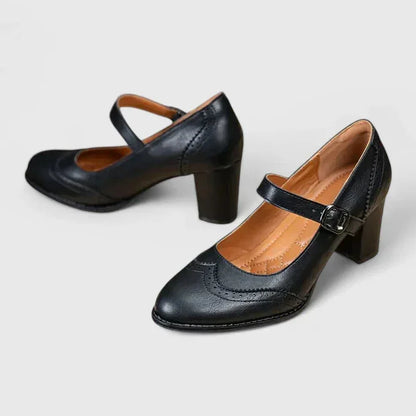 Women's faux-leather brogue Mary Jane block-heel shoes with buckle strap