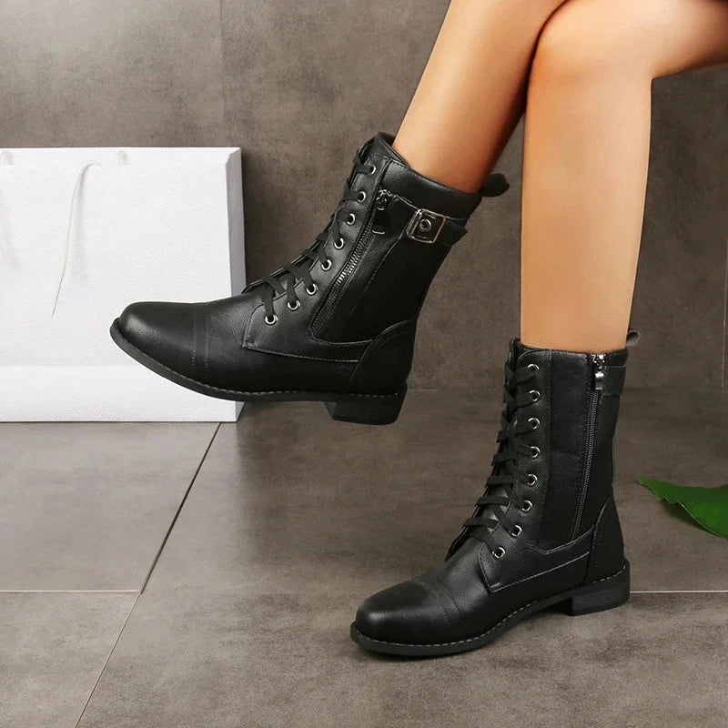 Women's faux leather combat boots with lace-up, side zipper and buckle detail