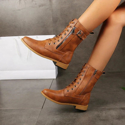 Women's faux leather combat boots with lace-up, side zipper and buckle detail
