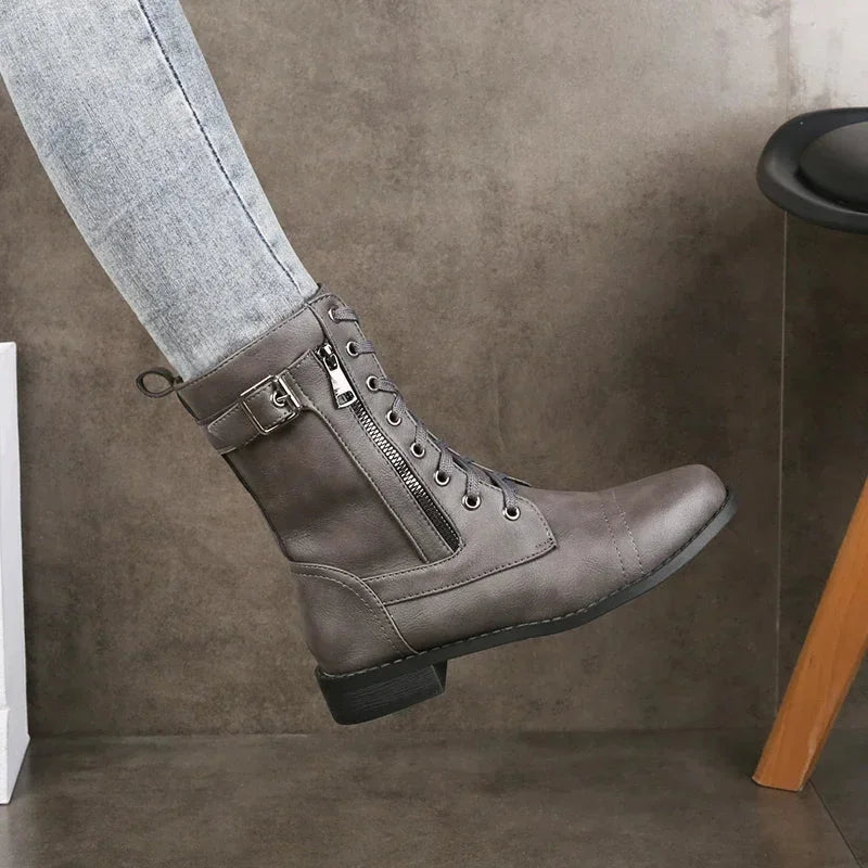 Women's faux leather combat boots with lace-up, side zipper and buckle detail – Grey