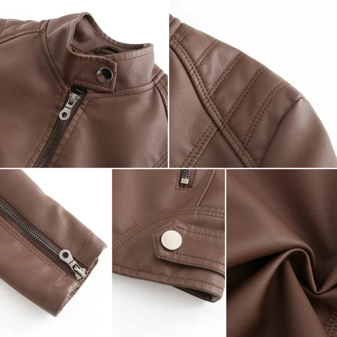 Women's faux leather jacket with stand collar and zip pockets
