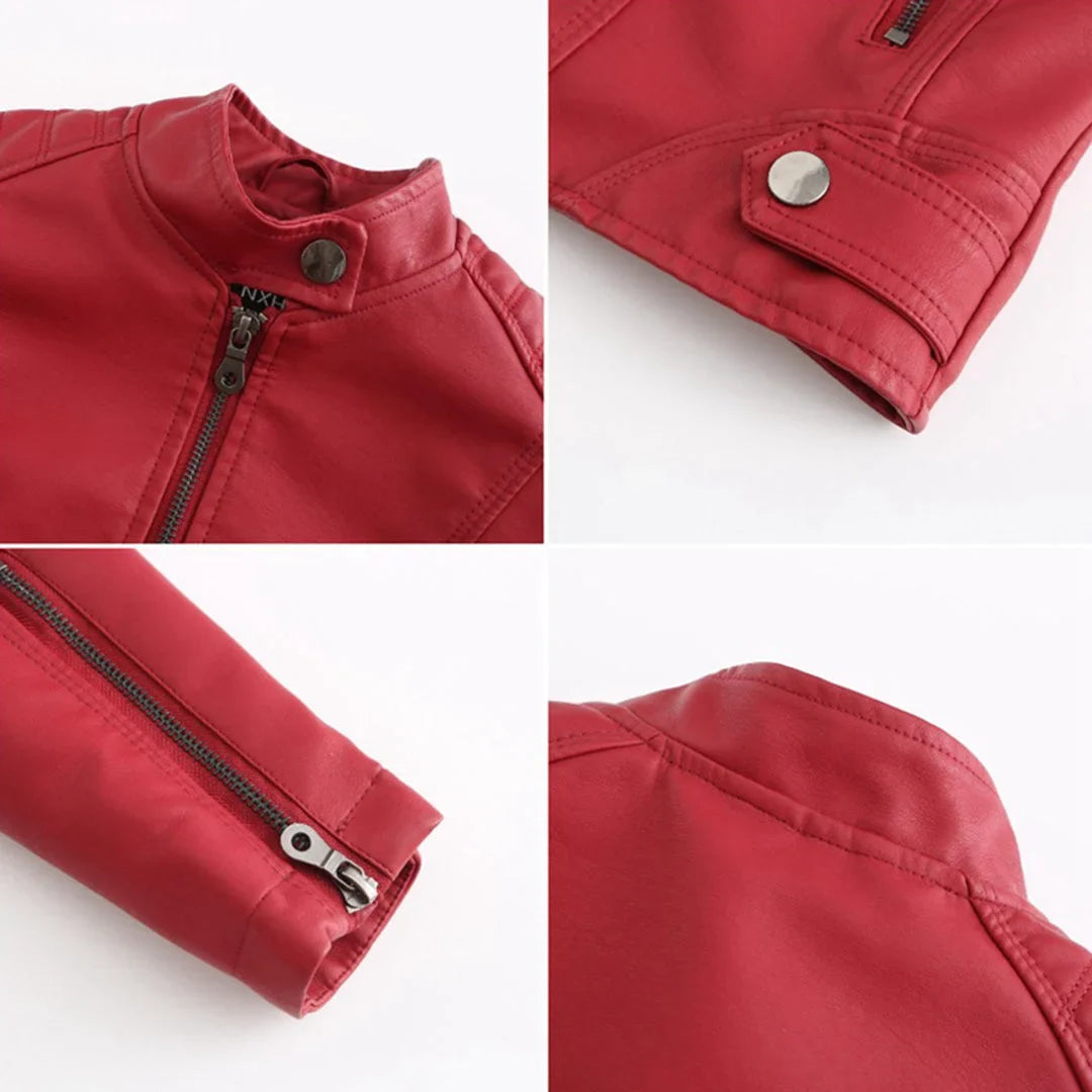 Women's faux leather jacket with stand collar and zip pockets