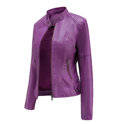 Women's faux leather jacket with stand collar and zip pockets