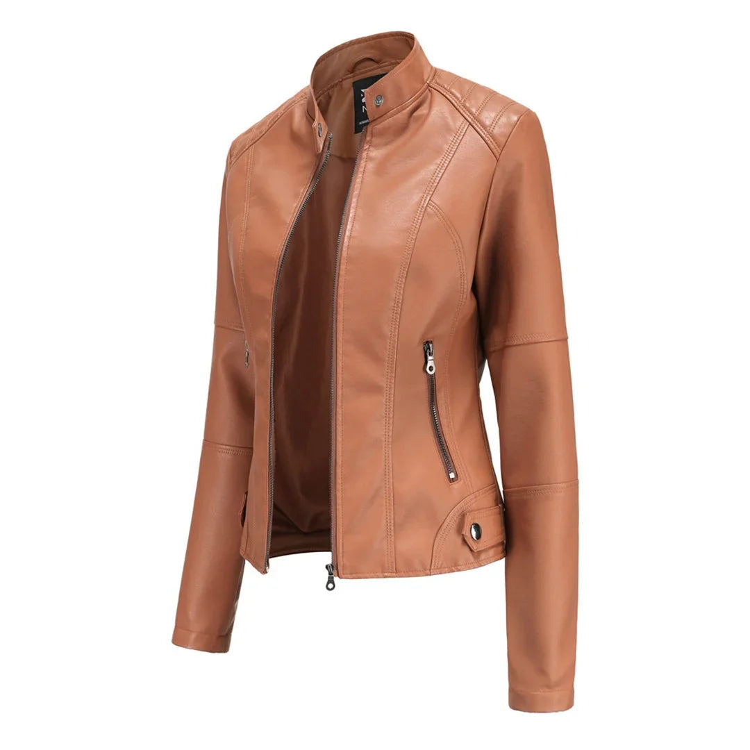 Women's faux leather jacket with stand collar and zip pockets