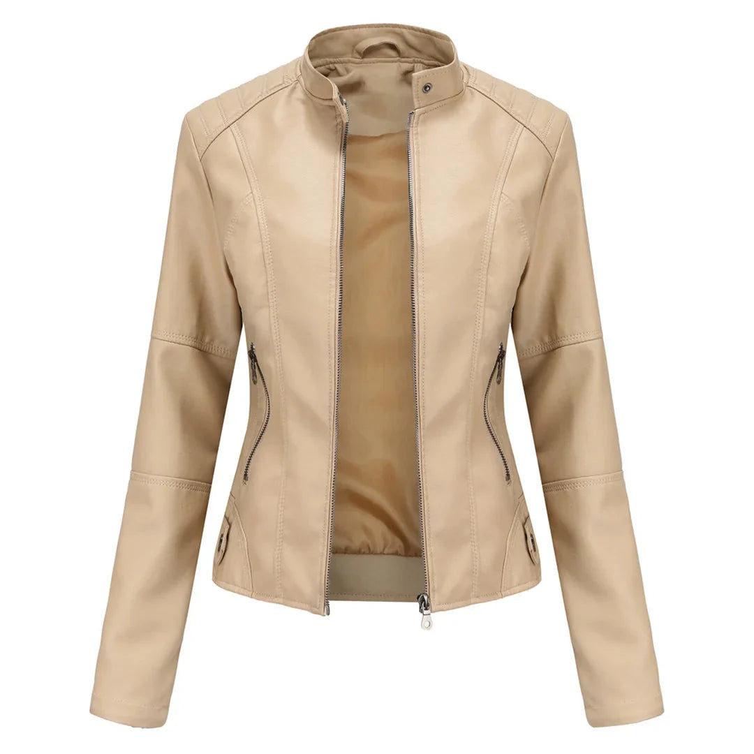 Women's faux leather jacket with stand collar and zip pockets – Beige