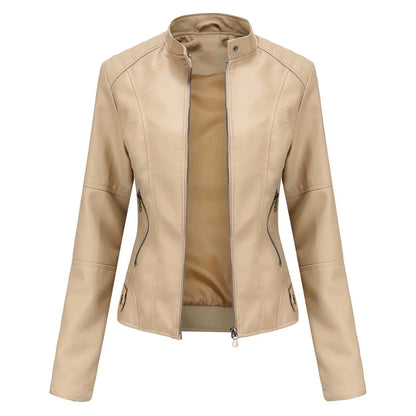 Women's faux leather jacket with stand collar and zip pockets – Beige