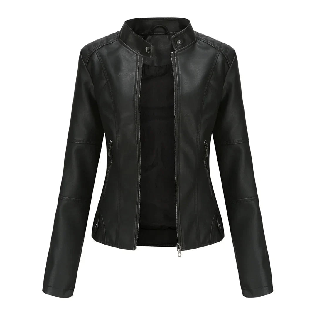 Women's faux leather jacket with stand collar and zip pockets – Black