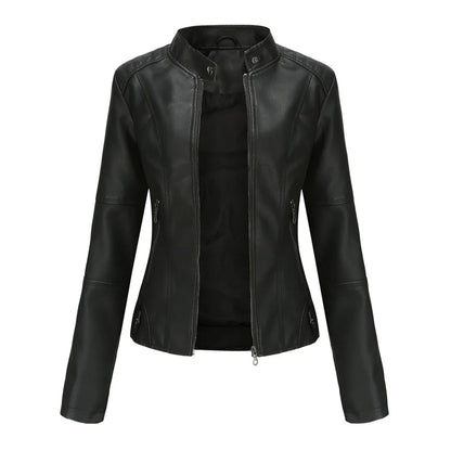 Women's faux leather jacket with stand collar and zip pockets – Black