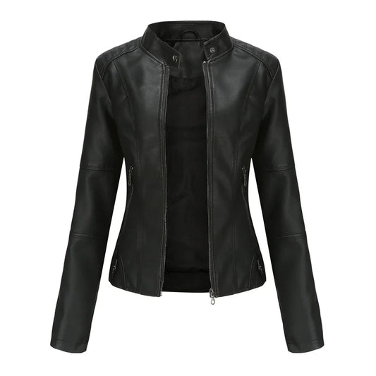 Women's faux leather jacket with stand collar and zip pockets – Black