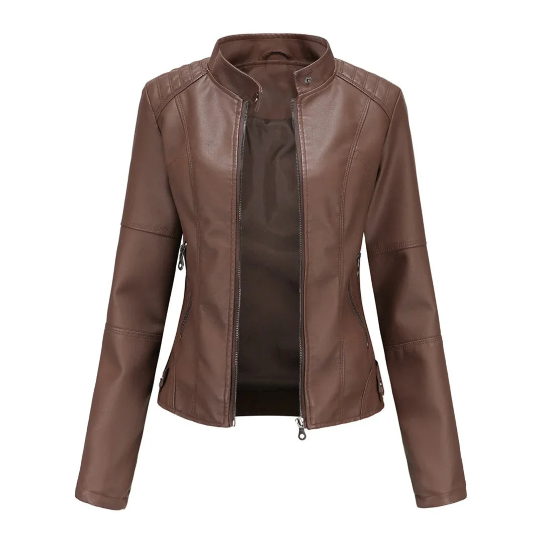 Women's faux leather jacket with stand collar and zip pockets – Brown