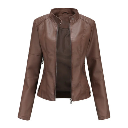 Women's faux leather jacket with stand collar and zip pockets – Brown