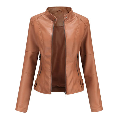 Women's faux leather jacket with stand collar and zip pockets – Camel