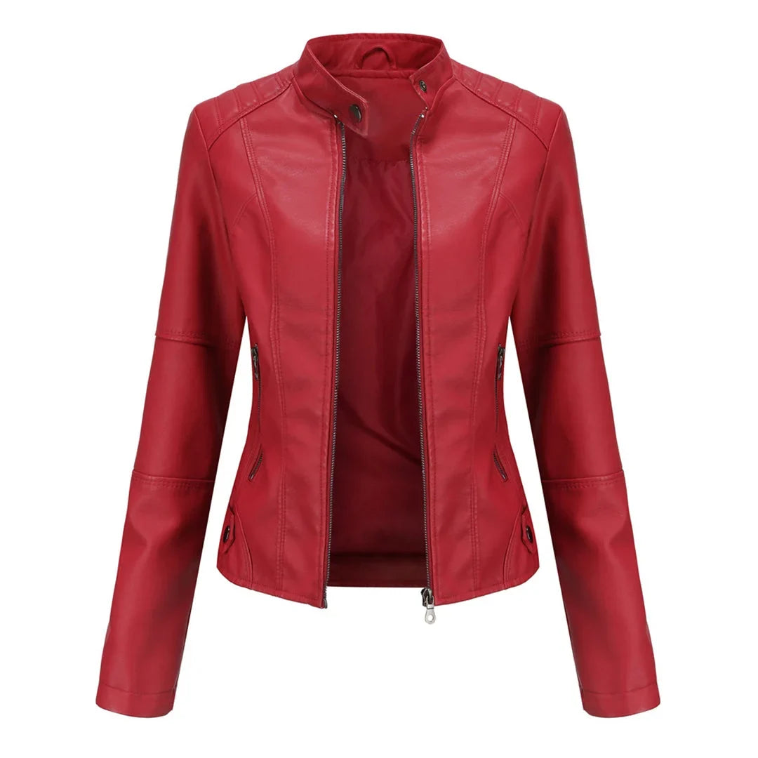 Women's faux leather jacket with stand collar and zip pockets – Red