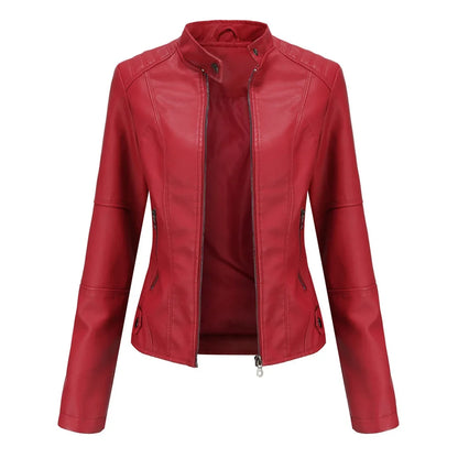Women's faux leather jacket with stand collar and zip pockets – Red