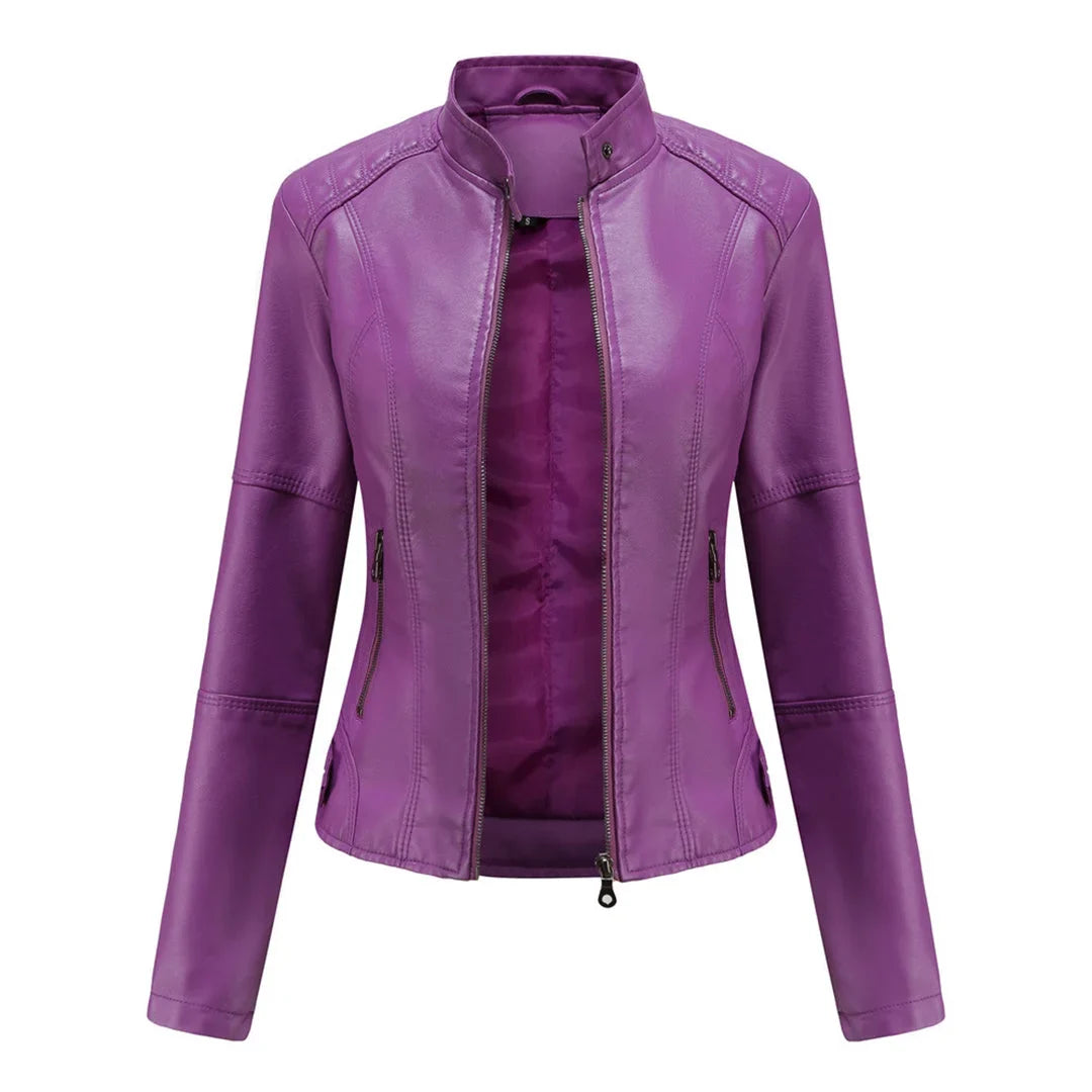 Women's faux leather jacket with stand collar and zip pockets – Violett