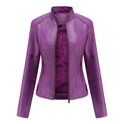 Women's faux leather jacket with stand collar and zip pockets – Violett