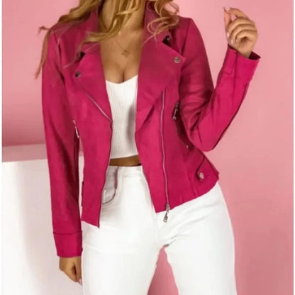 Women's faux leather jacket convertible collar zip-up moto – Pink