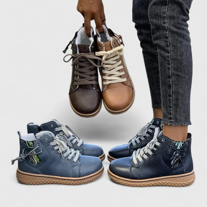 Women's faux leather lace-up ankle boots with a chunky ridged sole