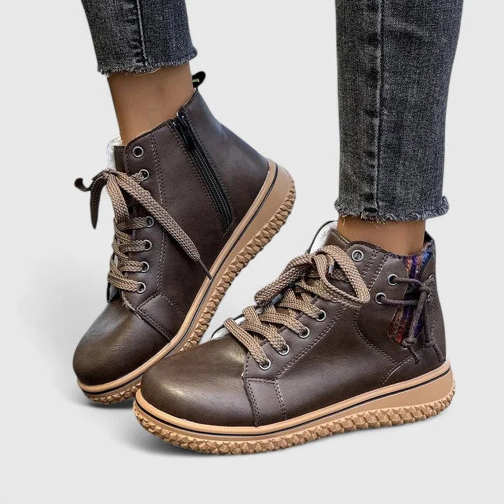 Women's faux leather lace-up ankle boots with a chunky ridged sole