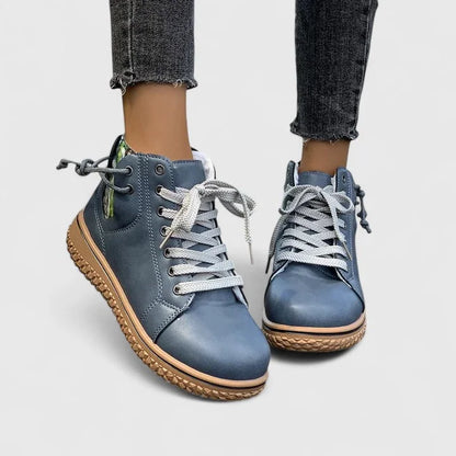 Women's faux leather lace-up ankle boots with a chunky ridged sole – Blue
