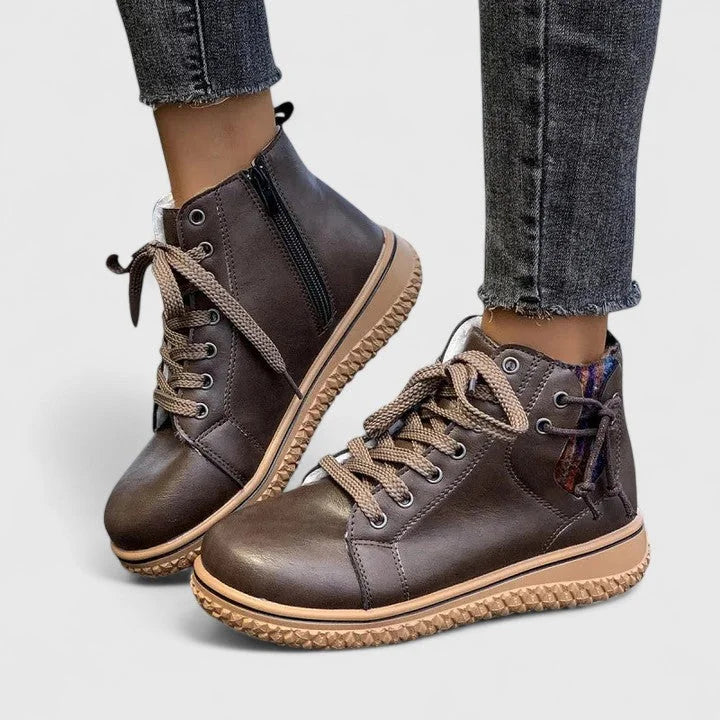 Women's faux leather lace-up ankle boots with a chunky ridged sole – Brown