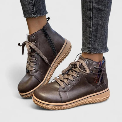 Women's faux leather lace-up ankle boots with a chunky ridged sole – Brown