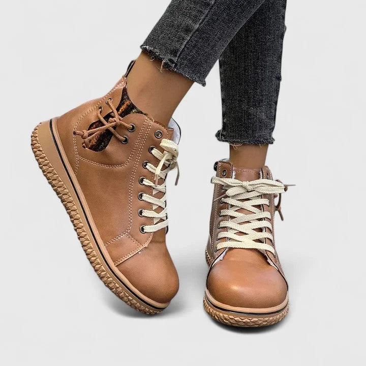 Women's faux leather lace-up ankle boots with a chunky ridged sole