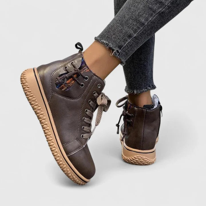 Women's faux leather lace-up ankle boots with a chunky ridged sole