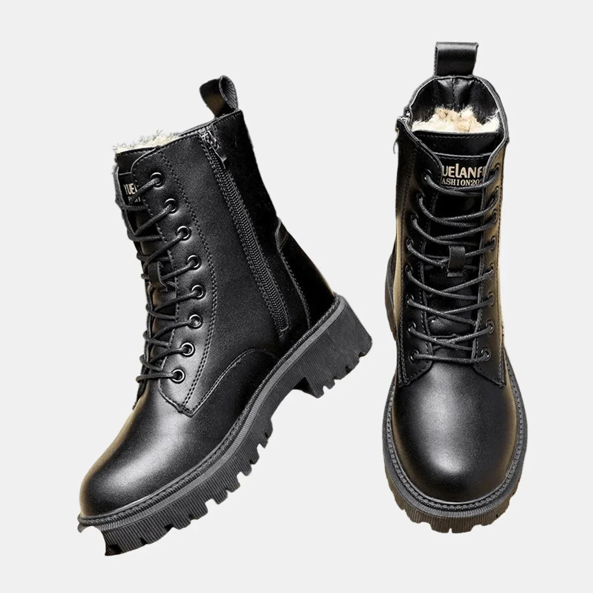 Women's faux leather lace-up fleece-lined combat ankle boots – Black