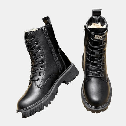 Women's faux leather lace-up fleece-lined combat ankle boots – Black