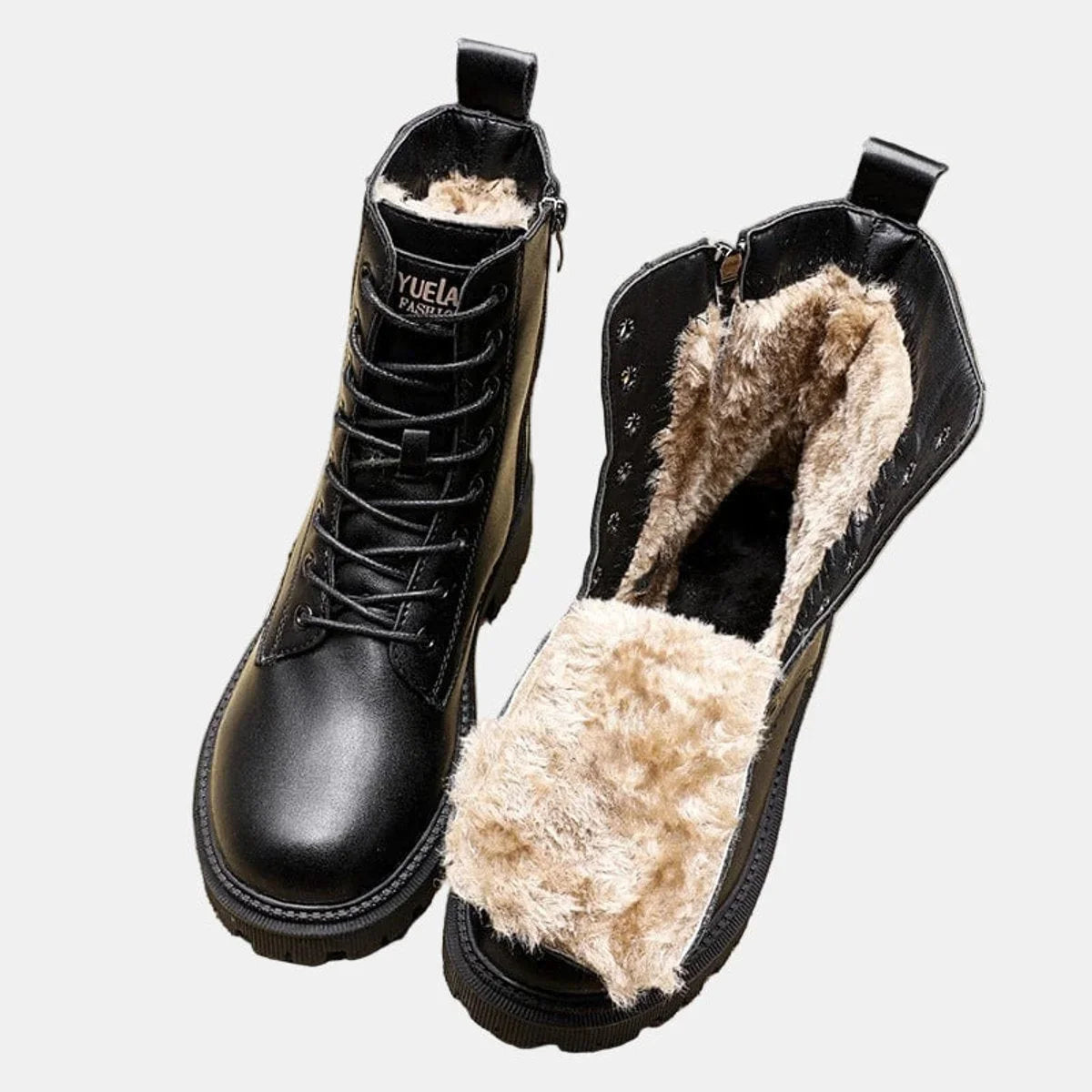 Women's faux leather lace-up fleece-lined combat ankle boots – Black