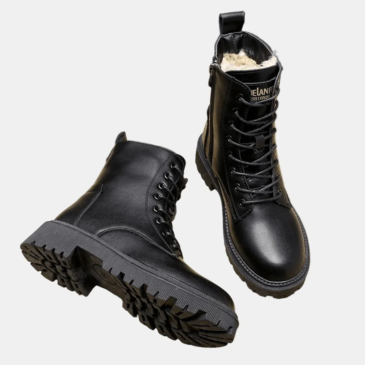 Women's faux leather lace-up fleece-lined combat ankle boots – Black