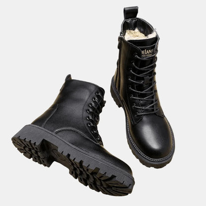 Women's faux leather lace-up fleece-lined combat ankle boots – Black