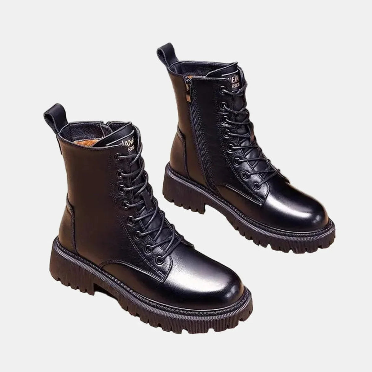 Women's faux leather lace-up fleece-lined combat ankle boots – Black